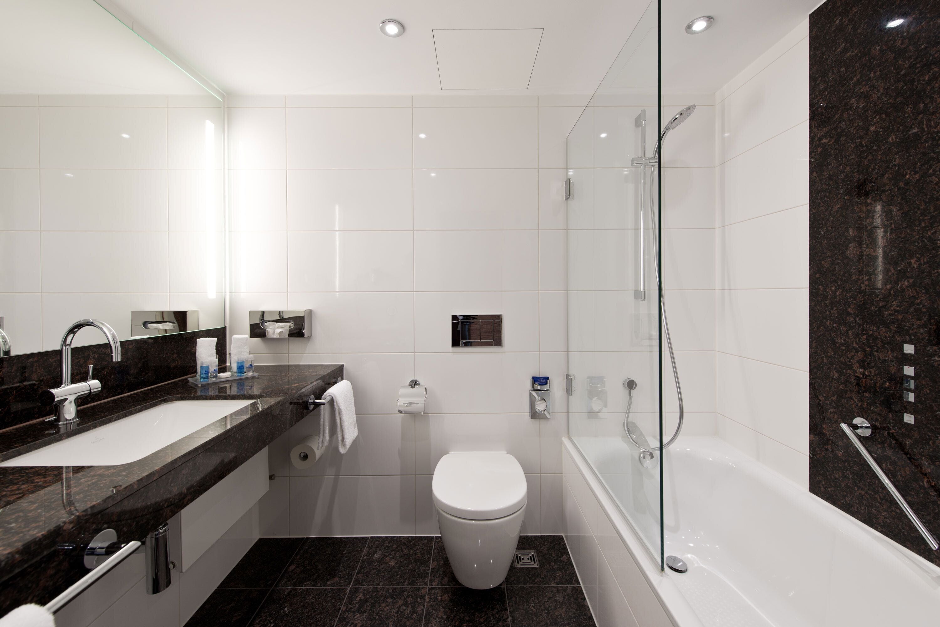 bathtub, free toiletries, hair dryer, towels