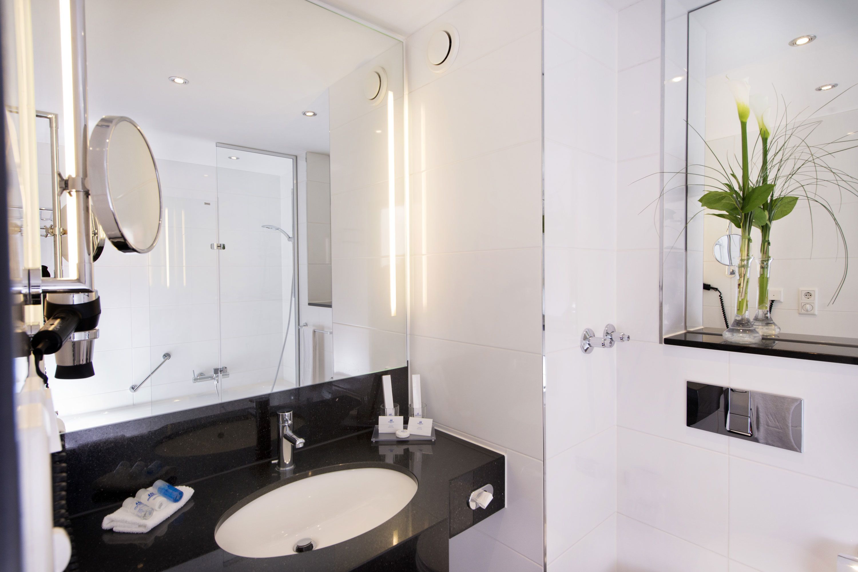 free toiletries, hair dryer, towels, toilet paper