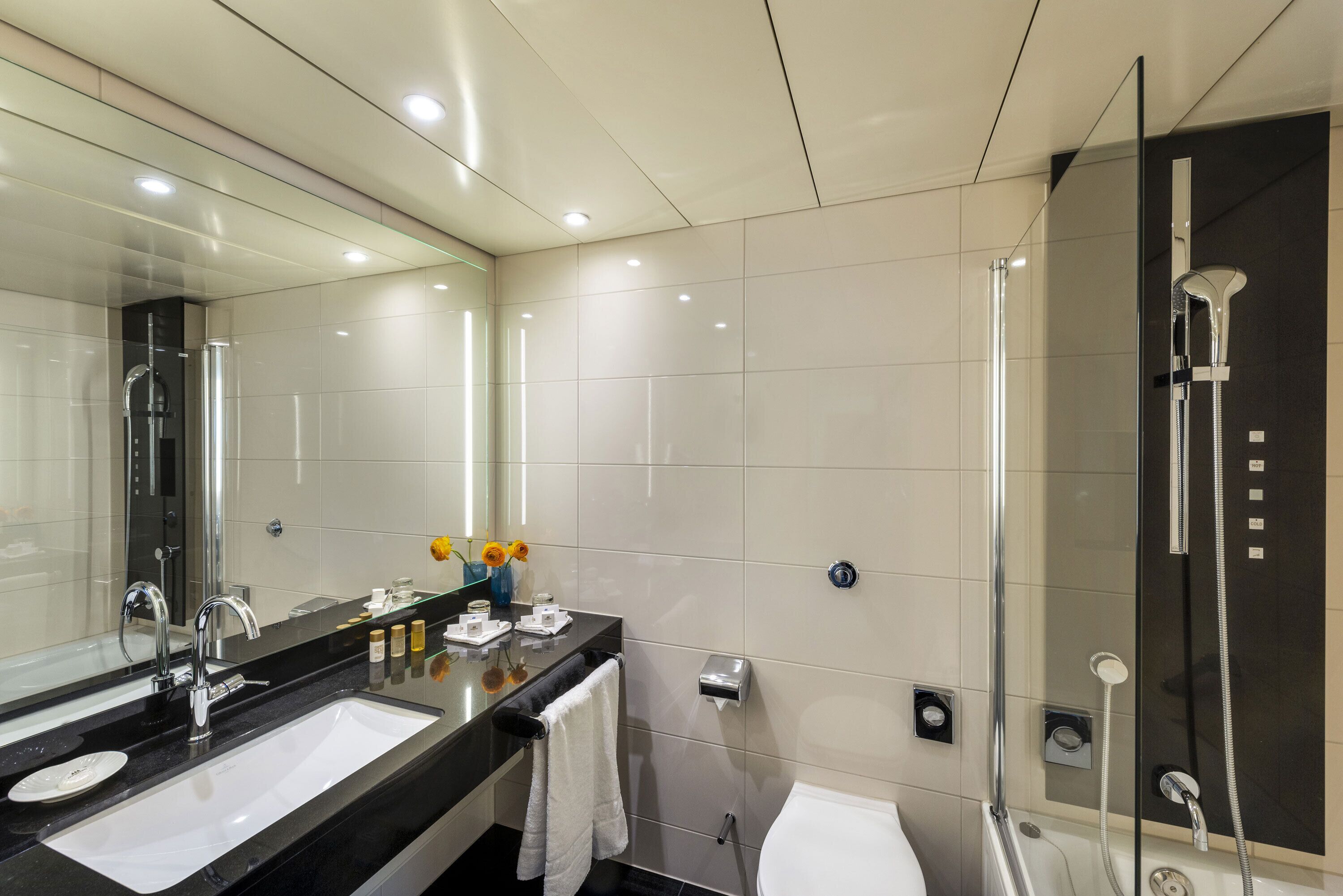 A modern bathroom with a large mirror, dual sinks, a glass-enclosed shower, and a toilet.