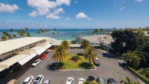 A parking lot with several cars, palm trees, and a view of the ocean.