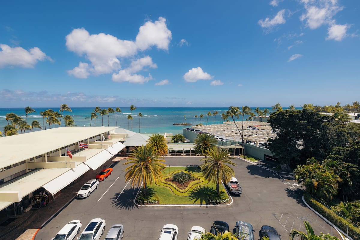 A parking lot with several cars, palm trees, and a view of the ocean.