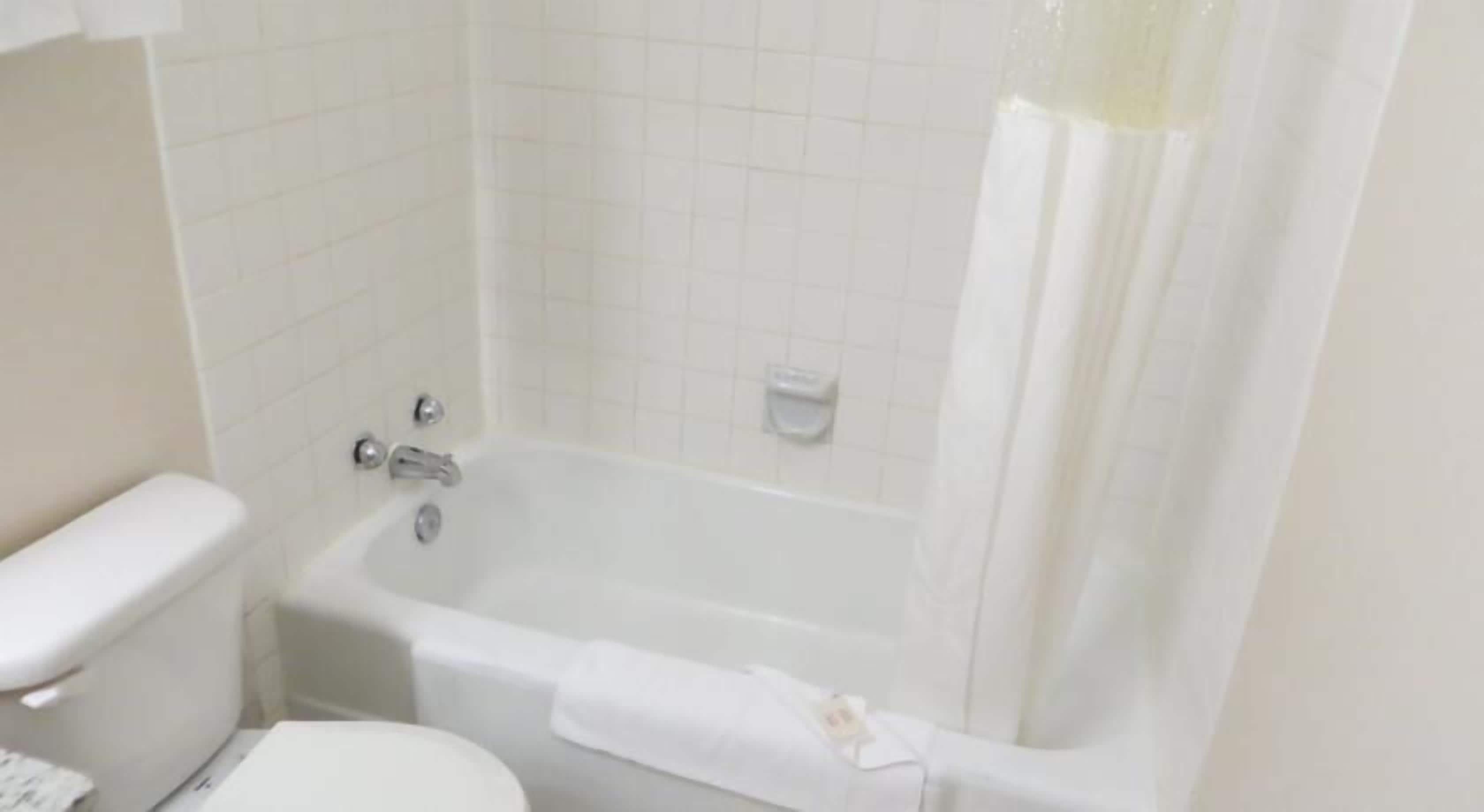 A bathroom with a white bathtub, toilet, and a small shelf with toiletries.