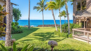 A coastal property with a well-maintained lawn, palm trees, and a view of the ocean.