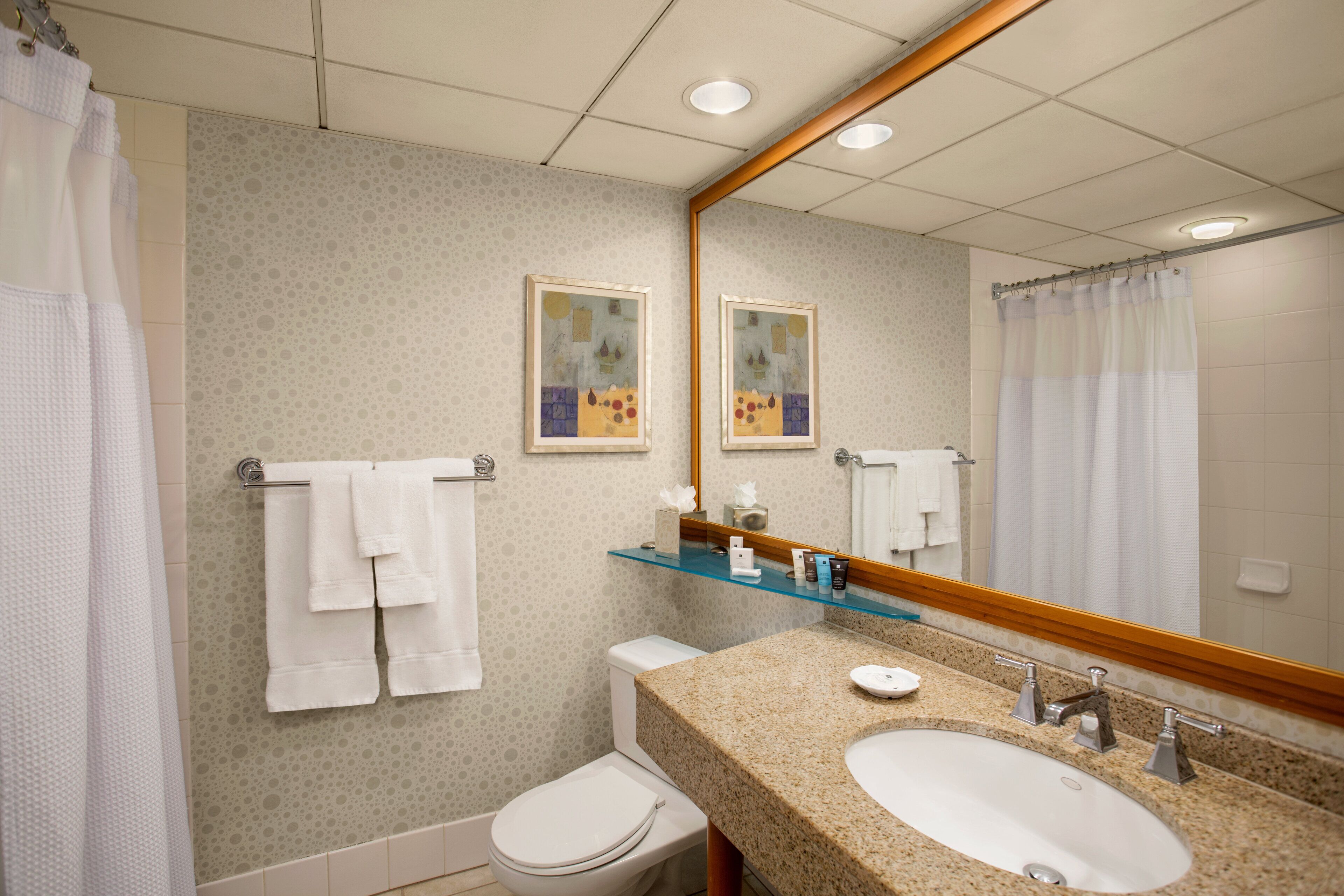 Ein Badezimmer mit Toilette, Waschbecken und Spiegel. Handtücher hängen an einem Halter und ein Duschvorhang ist angebracht.
