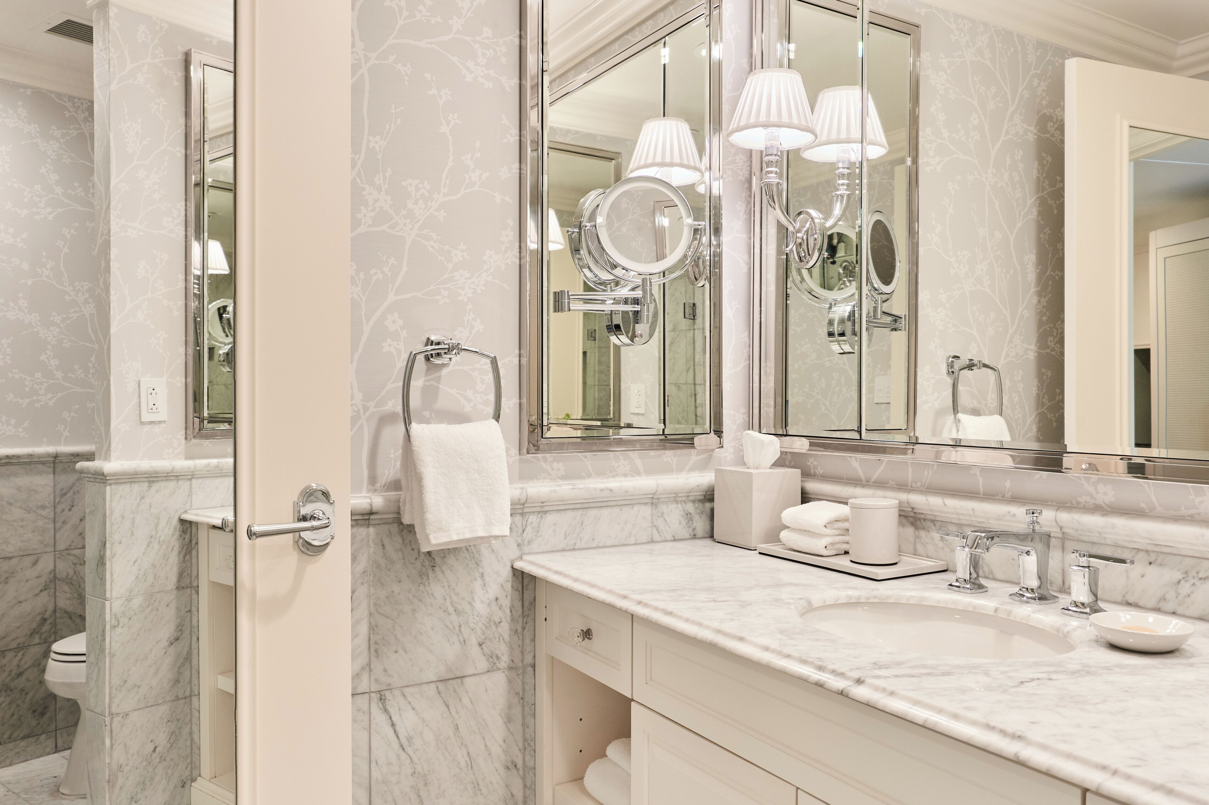 rainfall showerhead, designer toiletries, hair dryer, bathrobes