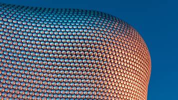 A close-up of a spherical structure with a pattern of evenly spaced, reflective elements.