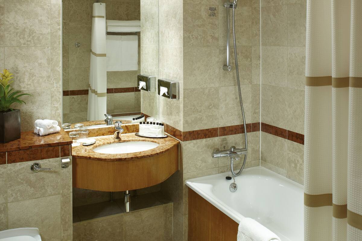 combined shower/bathtub, hair dryer, towels