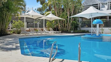 Indoor pool, outdoor pool, sun loungers