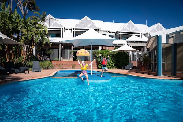 Indoor pool, outdoor pool, pool loungers