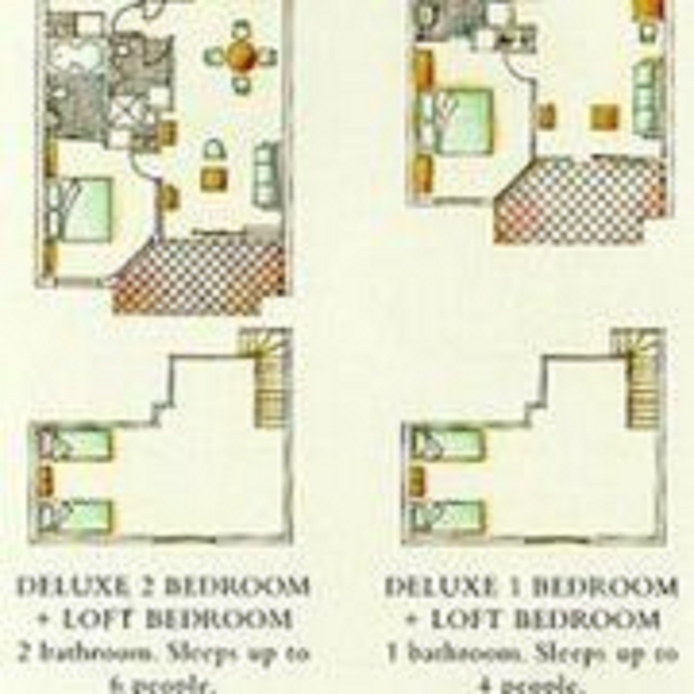 Floor plans for a Deluxe 2 bedroom and a Deluxe 1 bedroom, each with a loft bedroom, 2 bathrooms, and sleeping accommodations for 6 people.