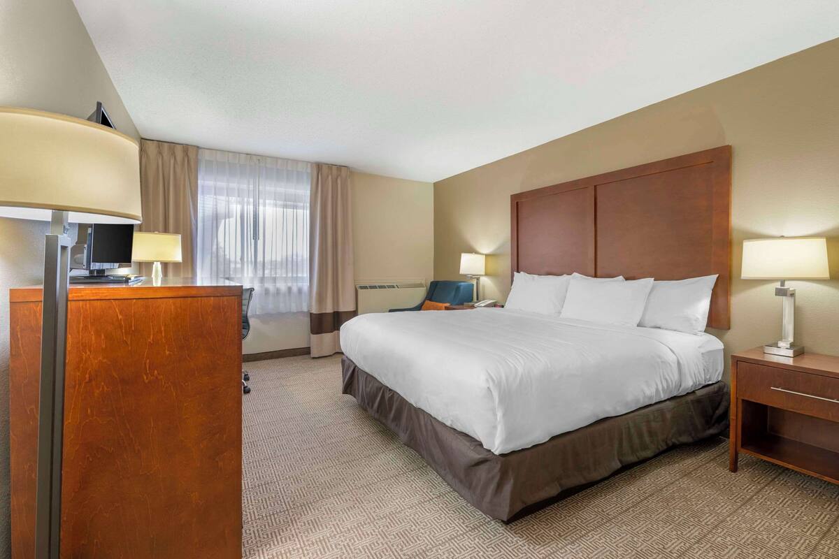 A hotel room with a large bed, a desk, a chair, and a TV.