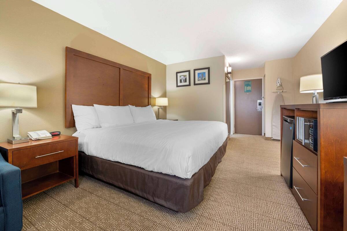 A hotel room with a large bed, a nightstand with a lamp, a desk with a computer, and a TV.