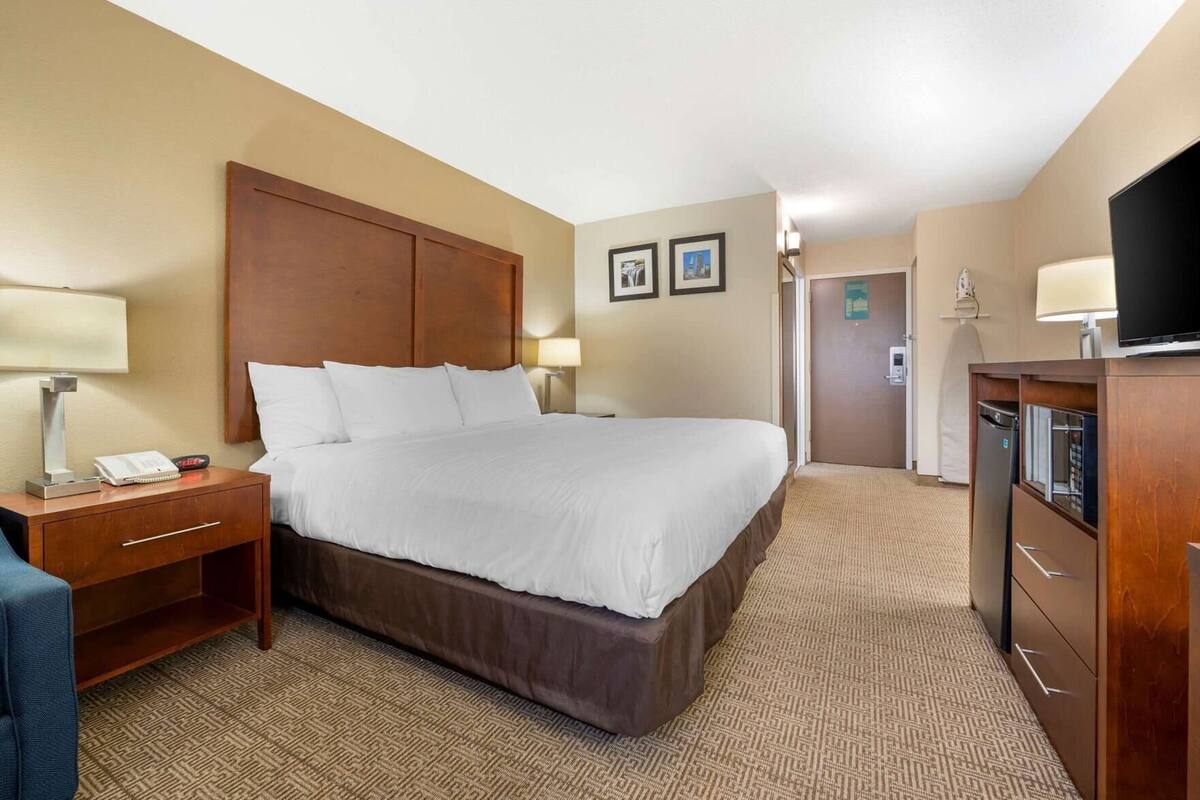 A hotel room with a large bed, bedside tables with lamps, a desk with a phone, a TV, and a minibar.