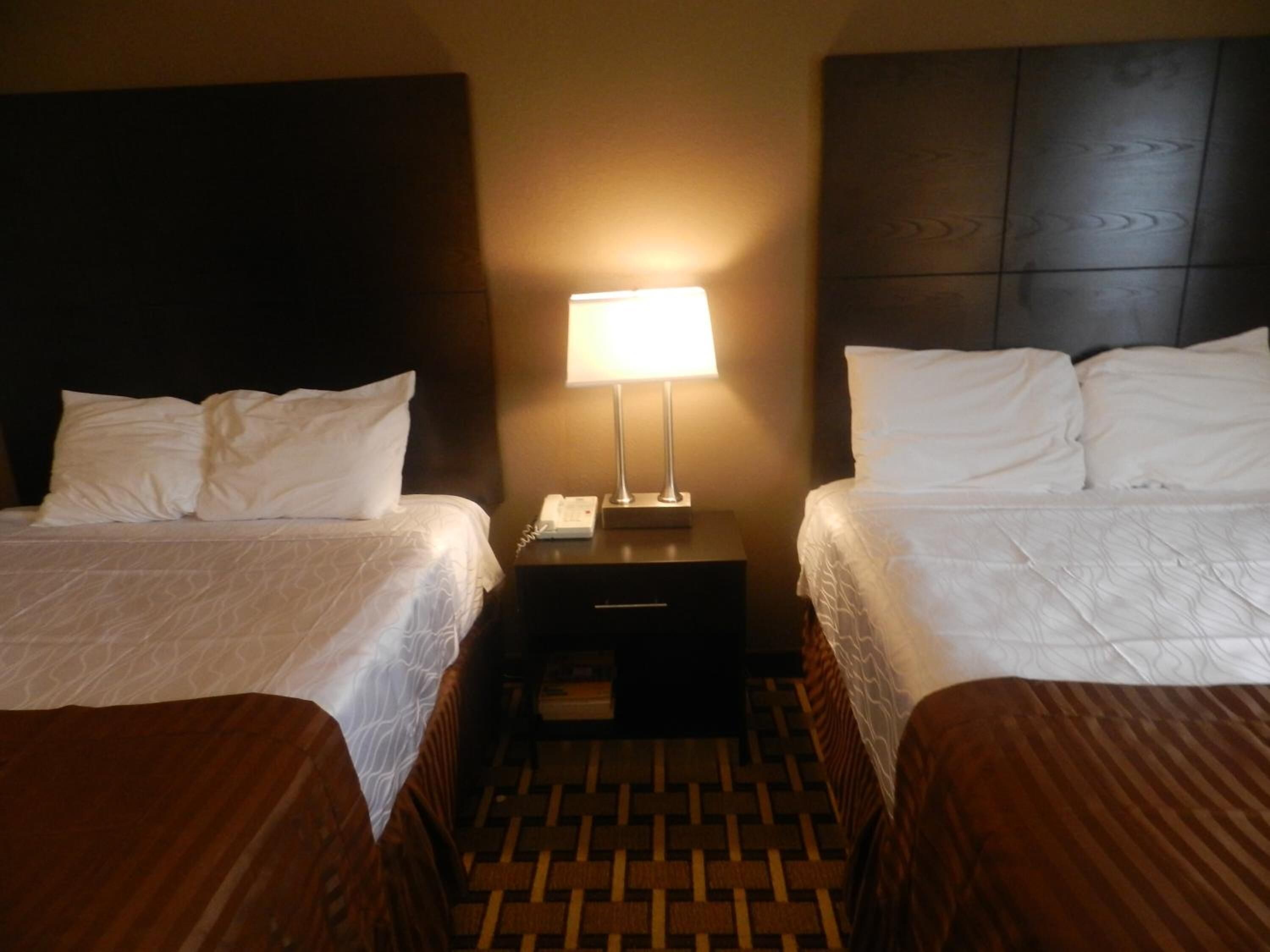 A hotel room with two beds, a nightstand with a lamp, and a patterned floor.