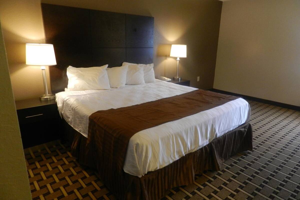 Habitación de hotel con una cama grande, dos lámparas de noche, un teléfono y un suelo estampado.