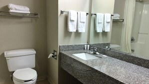 Un bagno con il water, un lavandino e uno specchio.