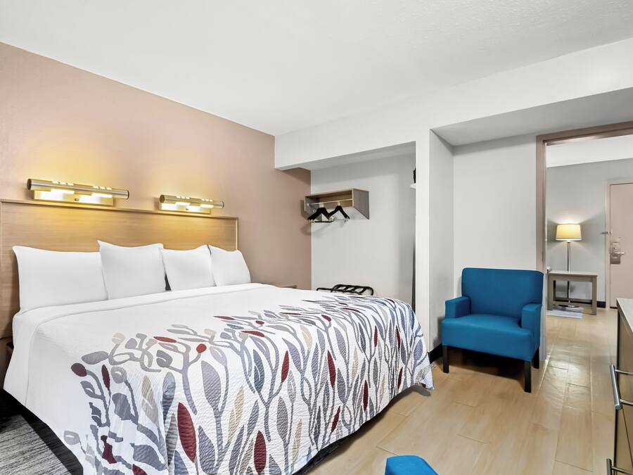 Una habitación de hotel con cama, lámparas de noche, una silla, un escritorio y un armario.