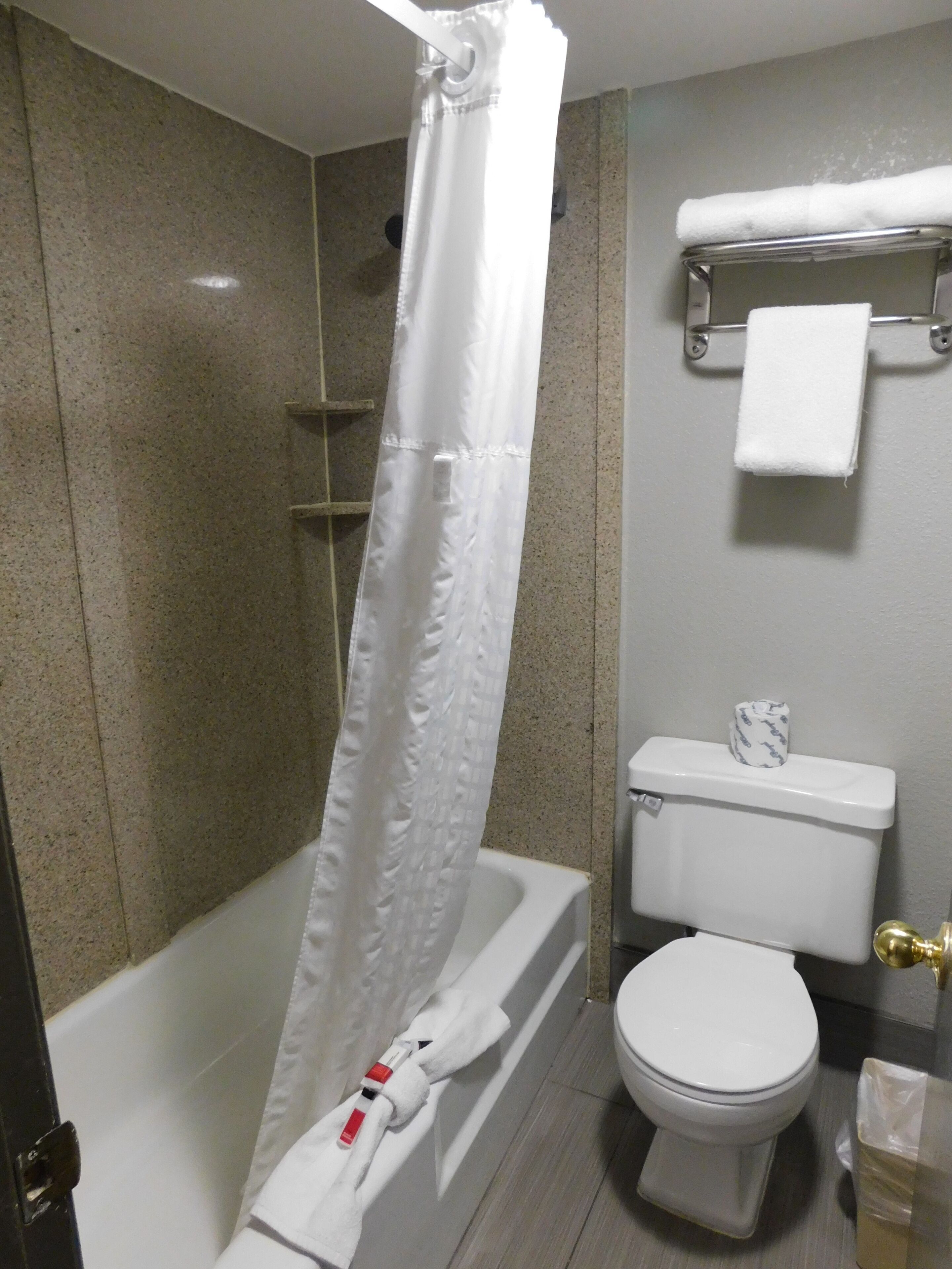 Une salle de bain avec une baignoire, des toilettes et un rideau de douche.