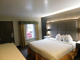 A hotel room with a large bed, a bedside table with a lamp, a window with curtains, and a door.