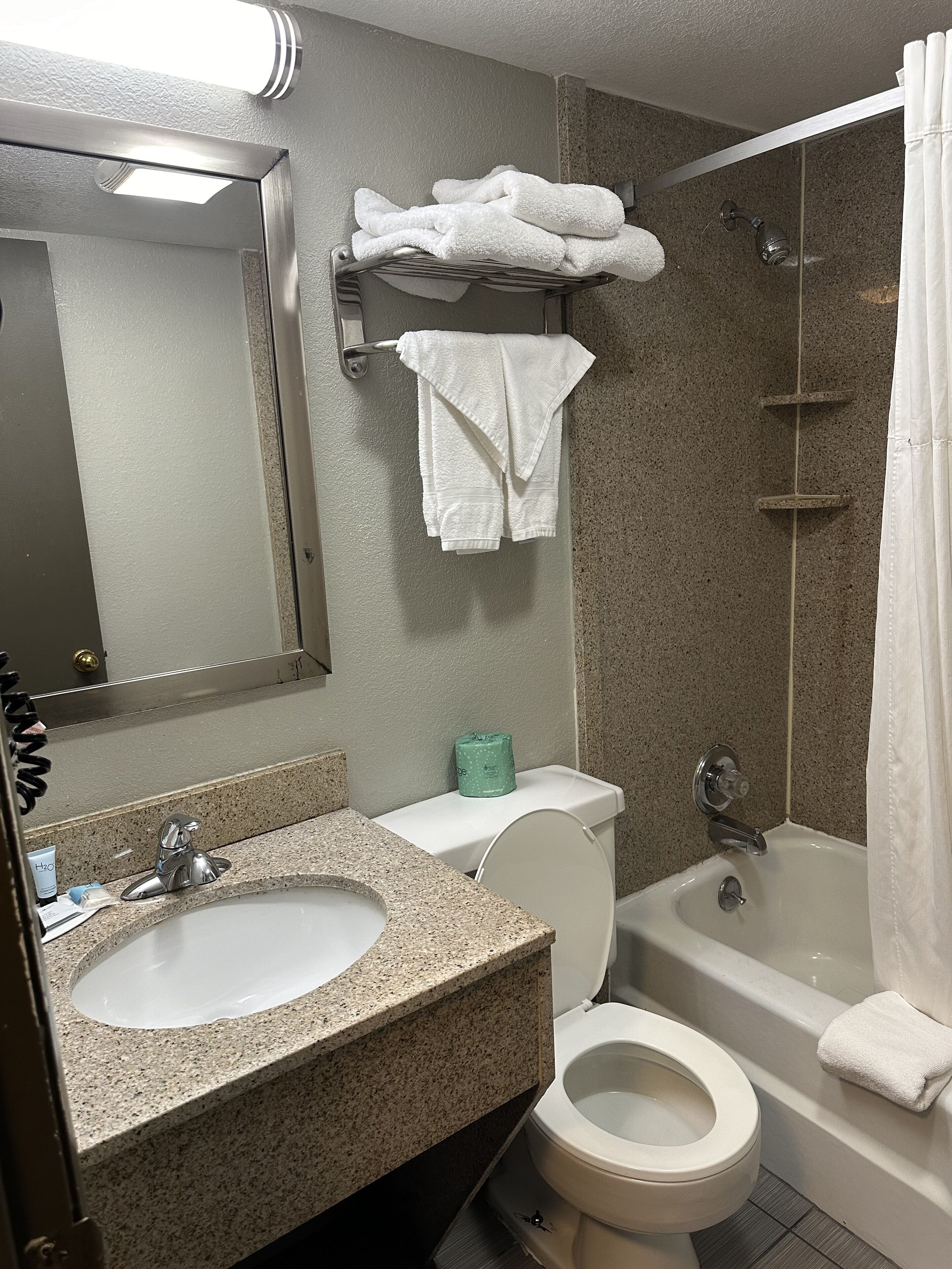 A bathroom with a sink, toilet, and bathtub. There are towels on the wall and a toilet paper dispenser.