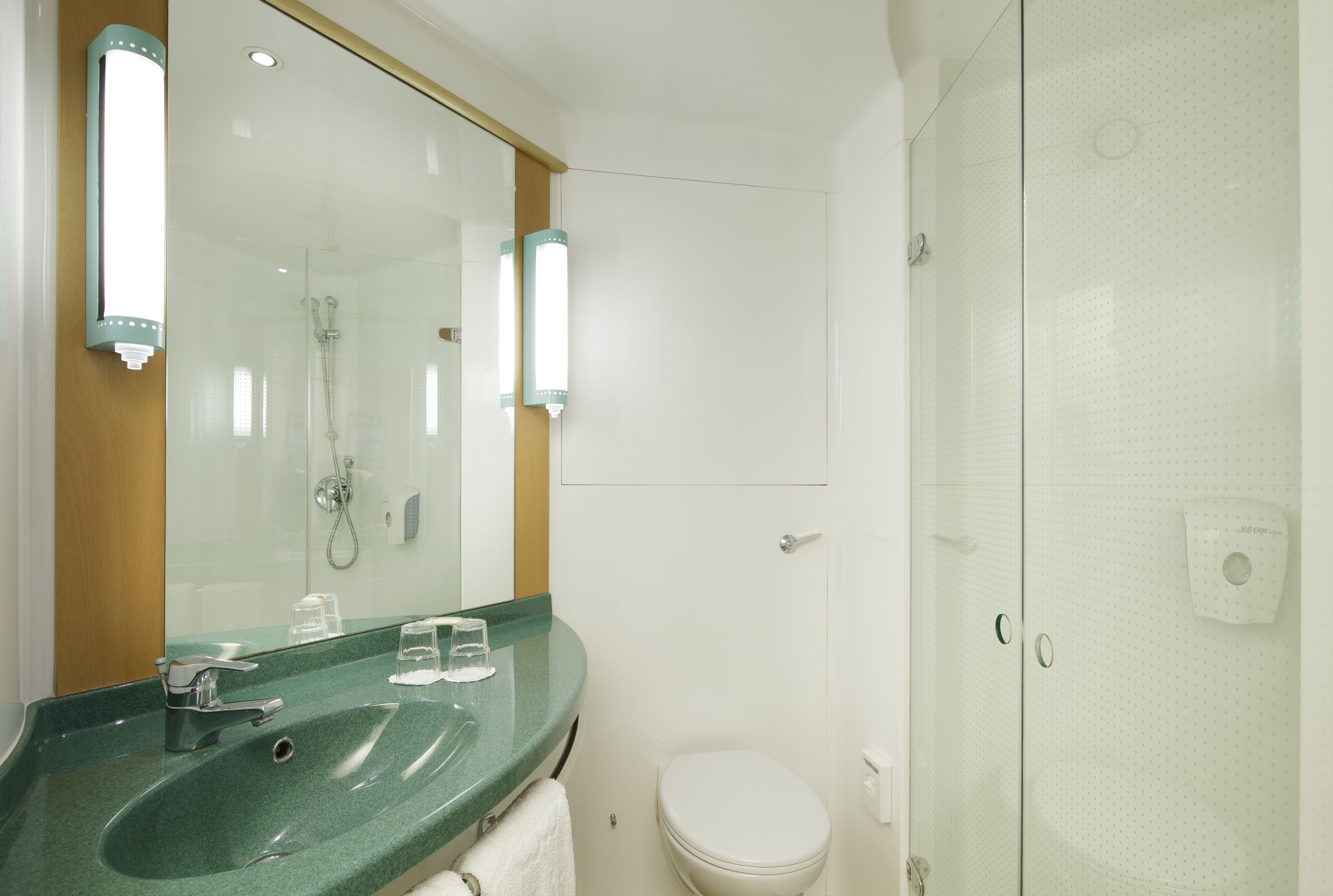 A bathroom with a green sink, a mirror, a white toilet, and a glass shower enclosure.
