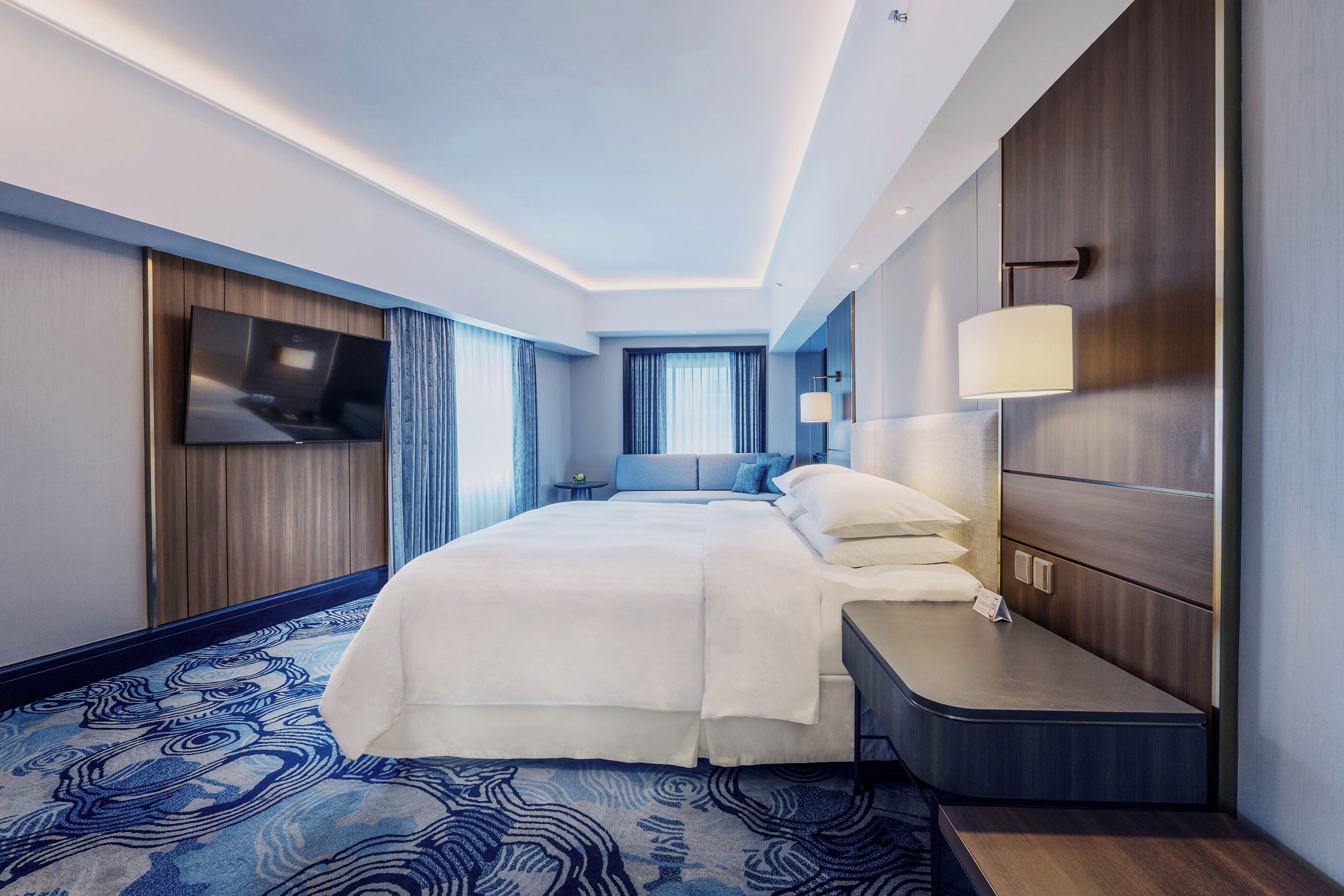 Una habitación de hotel moderna con una cama grande, una mesita de noche, un televisor montado en la pared y una alfombra estampada.