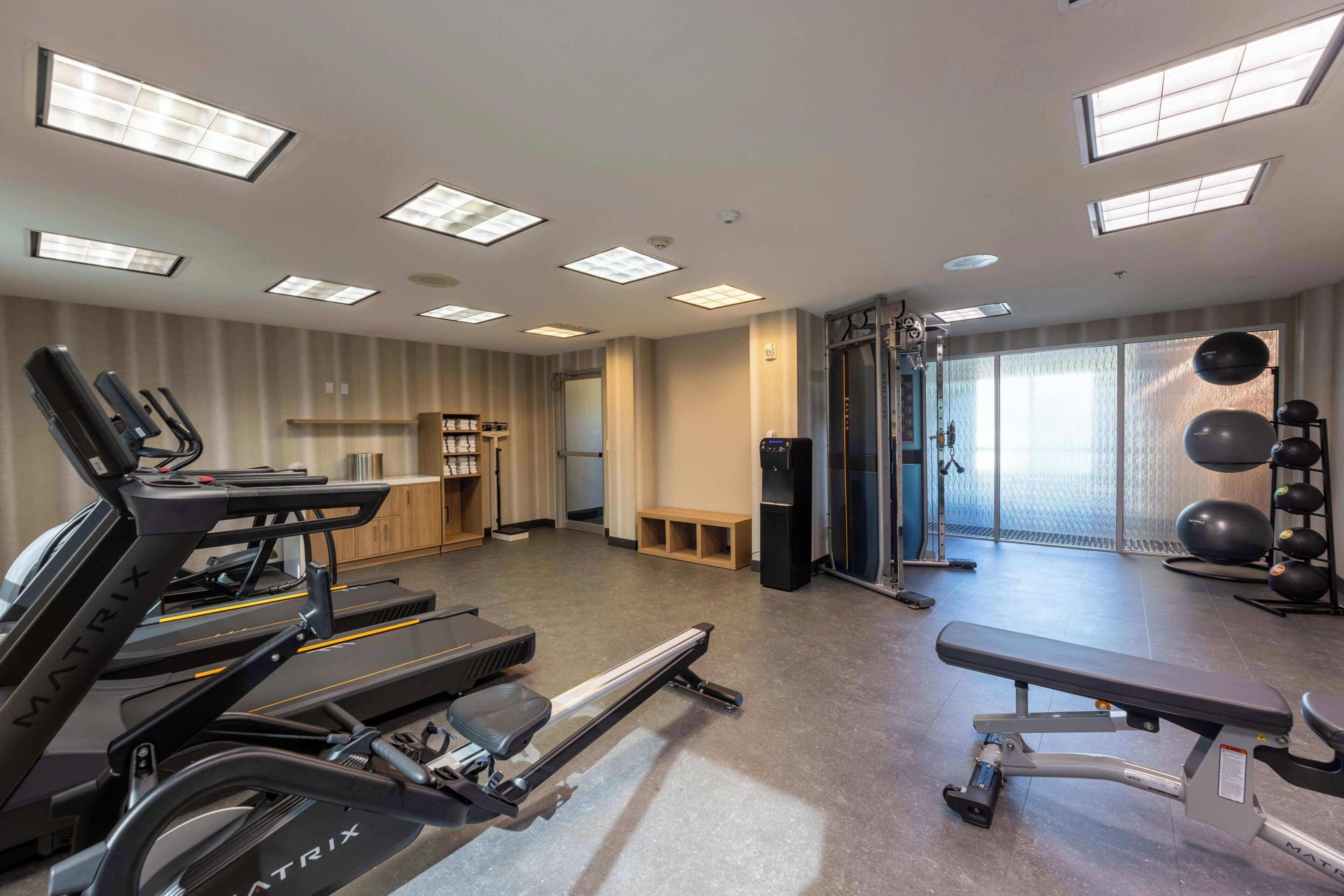 A gym with treadmills, a bench press, and a weight rack.