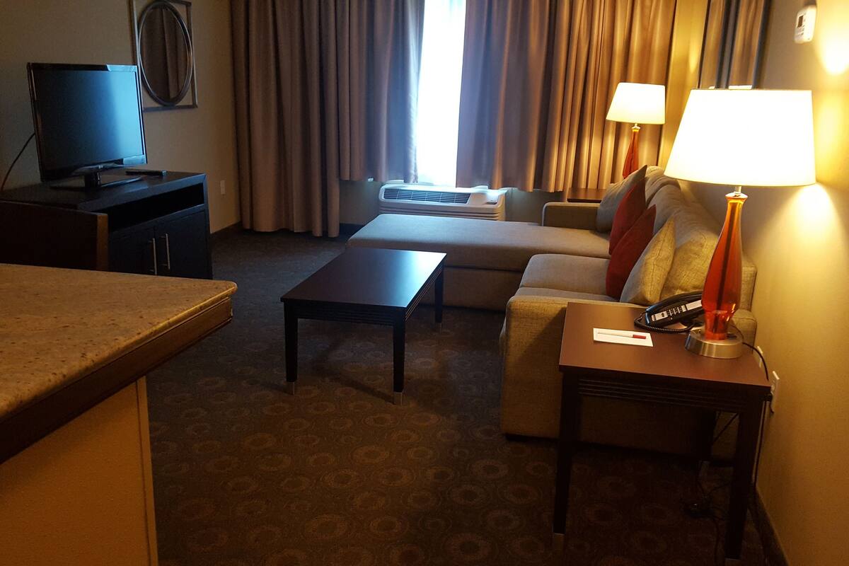 A hotel room with a sofa, a small table, a TV on a stand, a lamp, and a telephone on a bedside table.