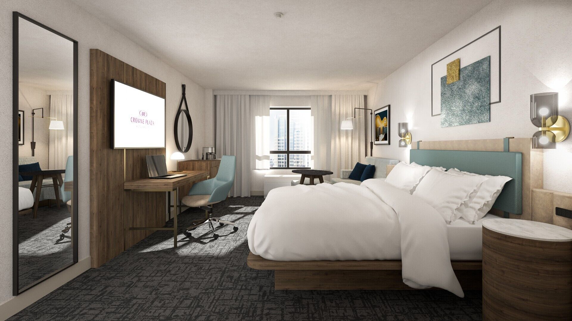 غرفة عادية - سرير ملكي | أغطية فراش متميزة وأسرّة بطبقة علوية مريحة وخزنة داخل الغرفة ومكتب