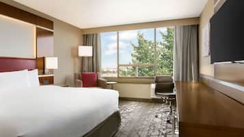 A hotel room with a large bed, a desk, a chair, a TV, and a window with a view of trees.