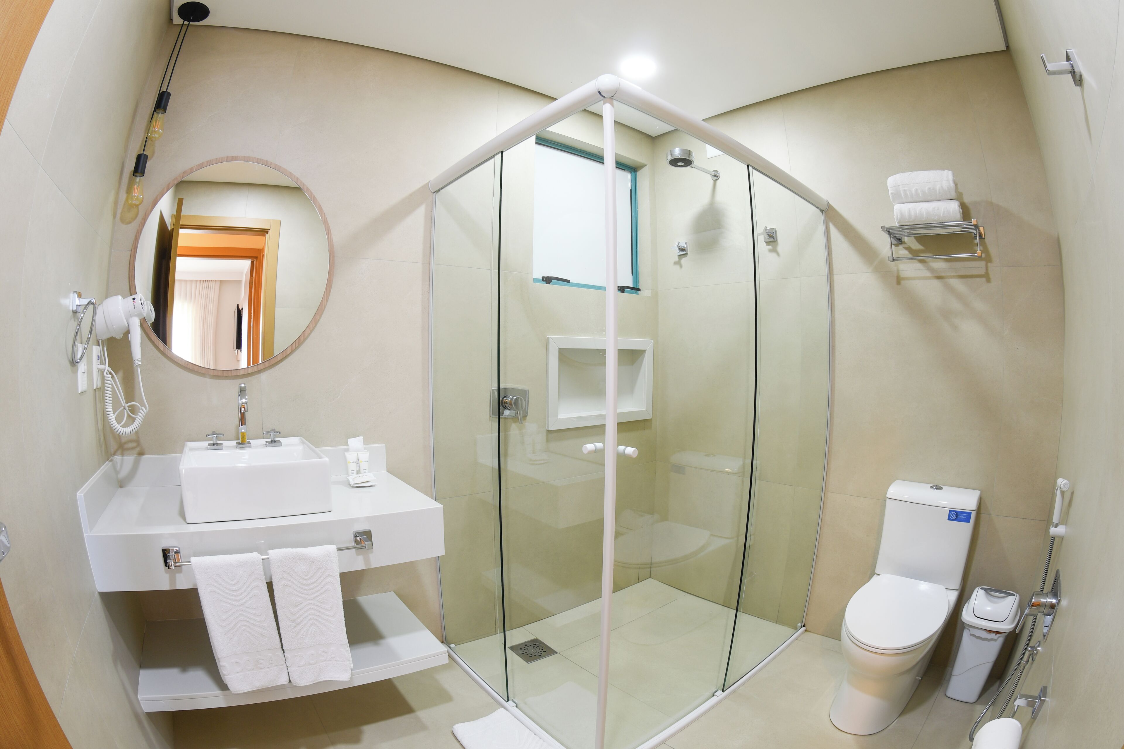 A modern bathroom with a glass-enclosed shower, a white sink, a mirror, and a toilet.
