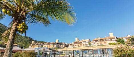 Un hotel frente al mar con terraza exterior, palmeras y vistas al océano y edificios.