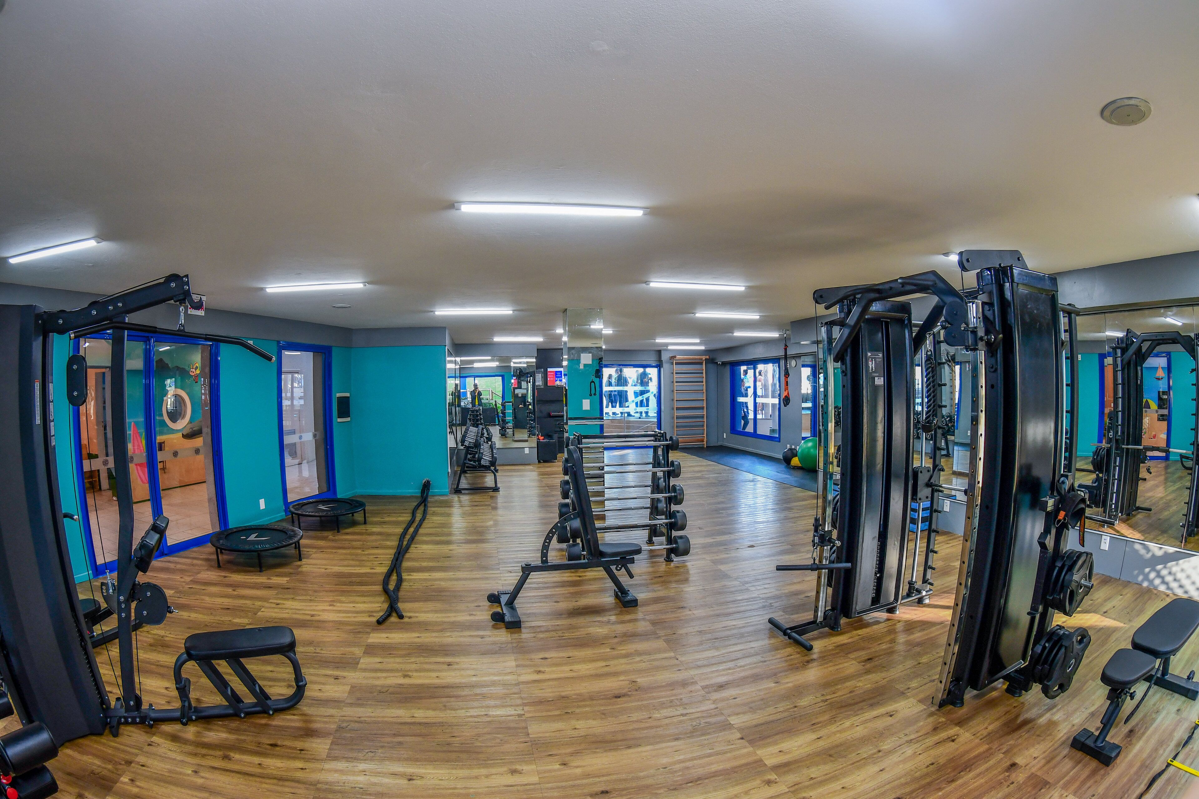 Une salle de sport équipée de divers appareils d’exercice, dotée d’un plancher en bois et de murs bleus.