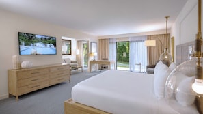 A hotel room with a large bed, a television mounted on the wall, a desk, and a view of the outdoors through the windows. - Luxe Sunset Boulevard Hotel (Los Angeles)