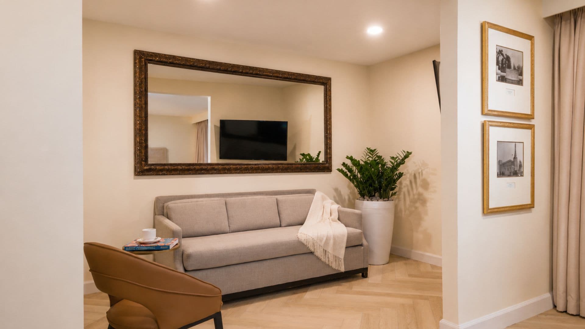 A modern living room with a sofa, a television, a potted plant, and framed pictures on the wall.