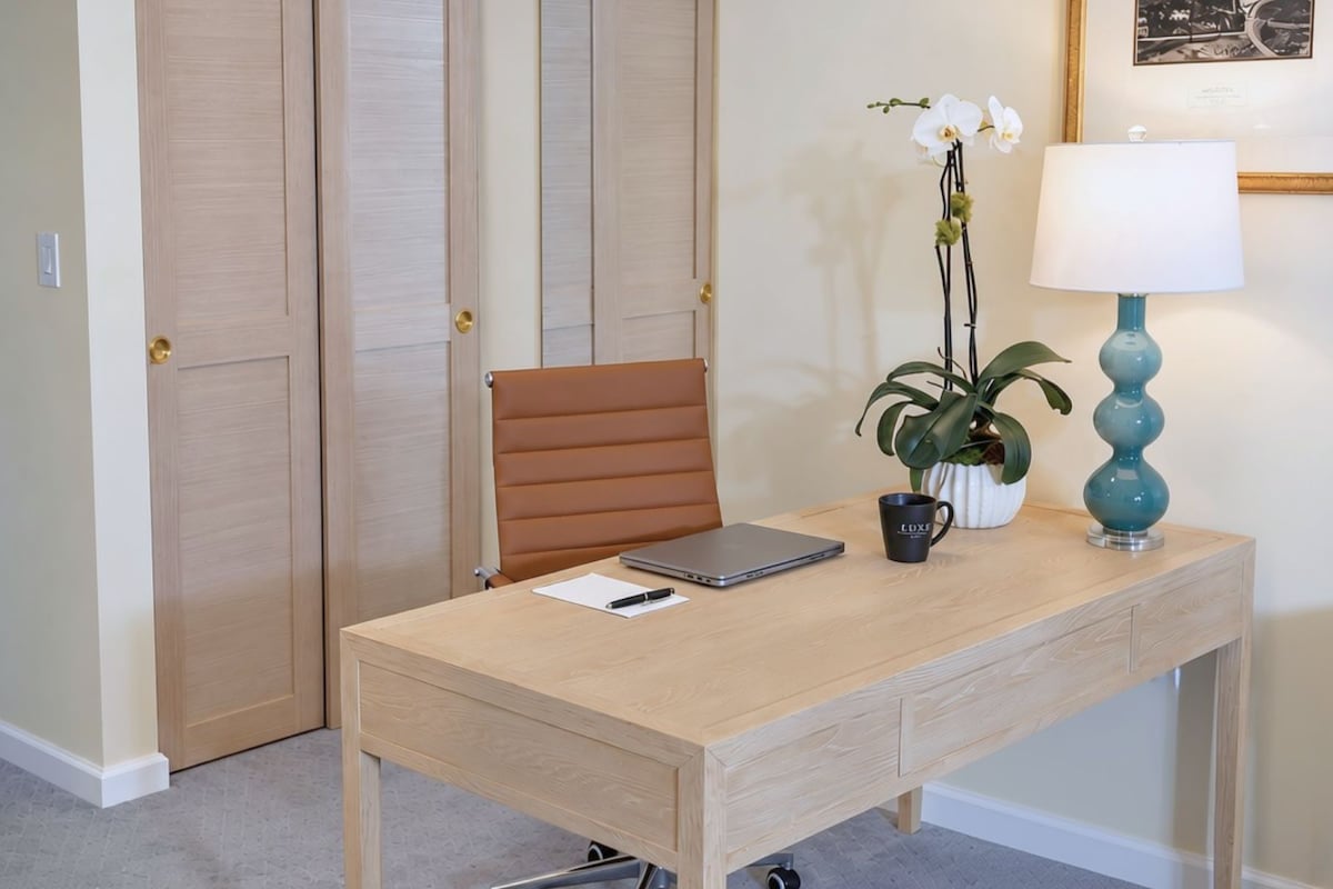 A room with a desk, a chair, a laptop, a potted plant, a lamp, and a framed picture on the wall.
