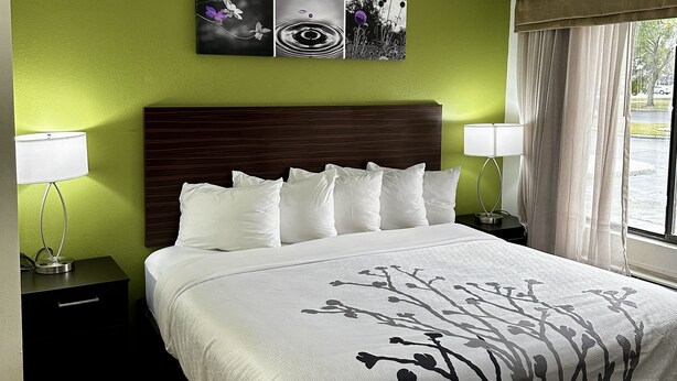 Een hotelkamer met een groot bed, groene wanden en drie kunstwerken aan de muur.