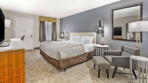 A hotel room with a large bed, a desk, a chair, and a TV. - Quality Inn Daytona Speedway I-95 (Daytona Beach)