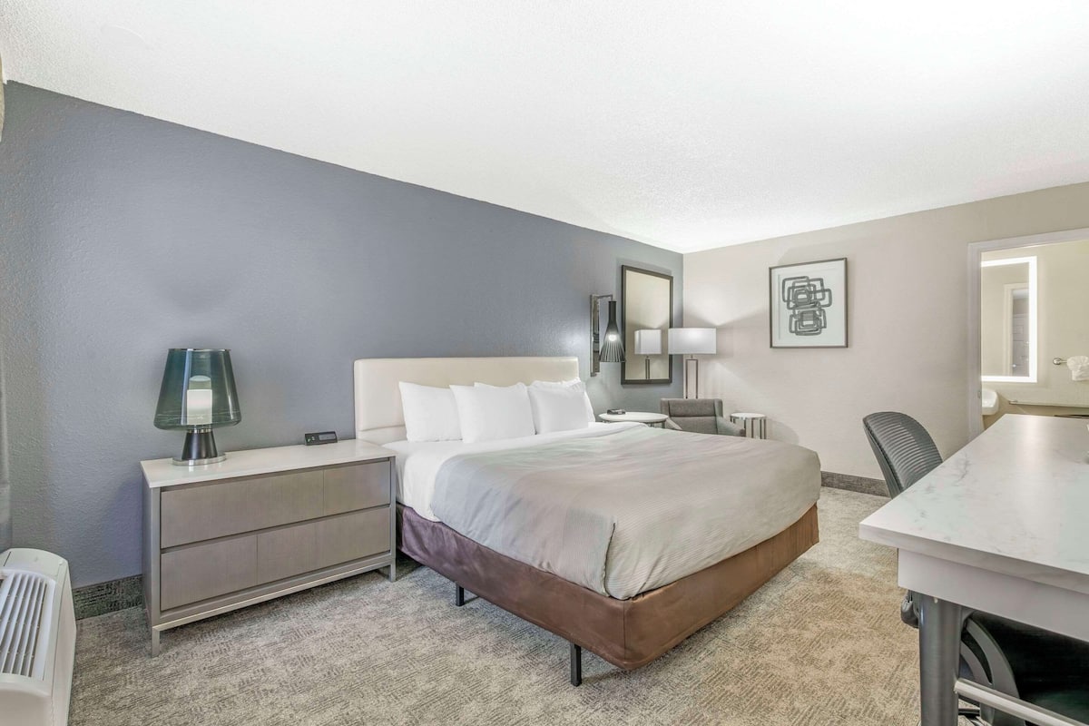 A hotel room with a bed, bedside table, lamp, chair, and a desk with a chair.