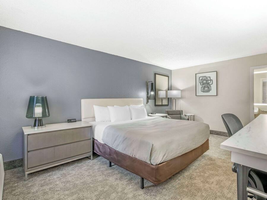 A hotel room with a bed, bedside table, lamp, chair, and a desk with a chair.