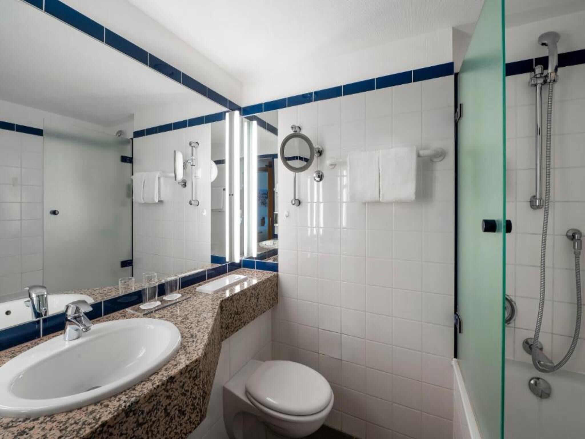 Un baño con lavabo, inodoro, espejo y ducha.