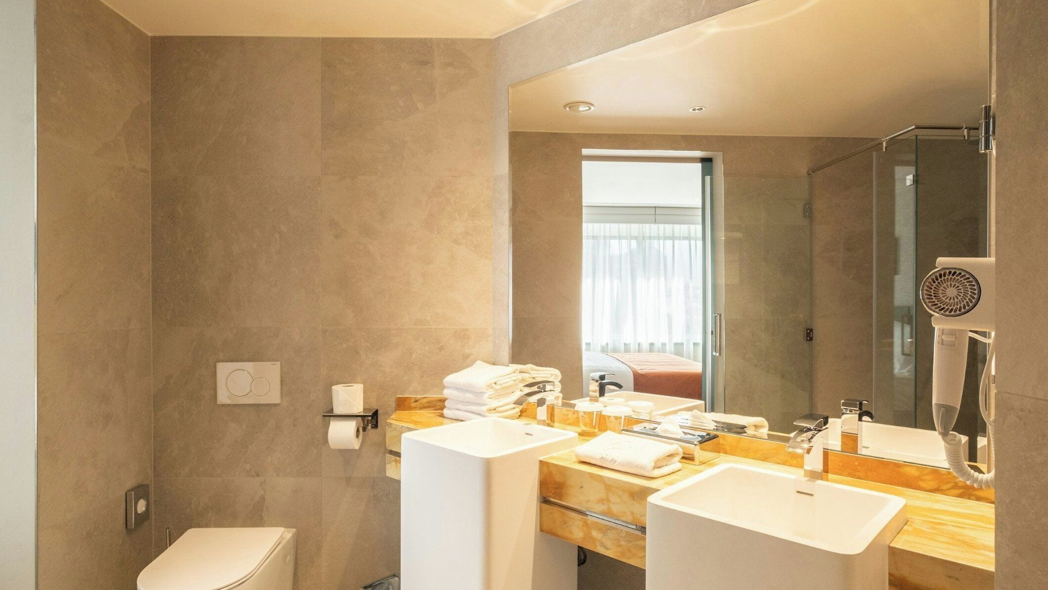 free toiletries, hair dryer, towels