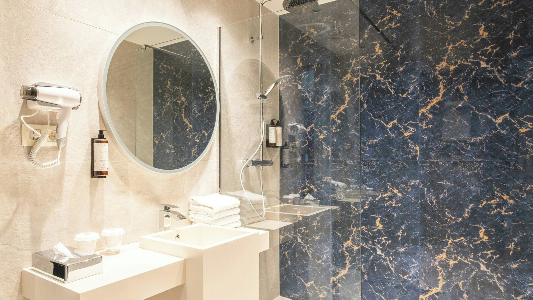 free toiletries, hair dryer, towels