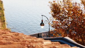 A view of a waterfront with a lamp post and a tree with autumn leaves.