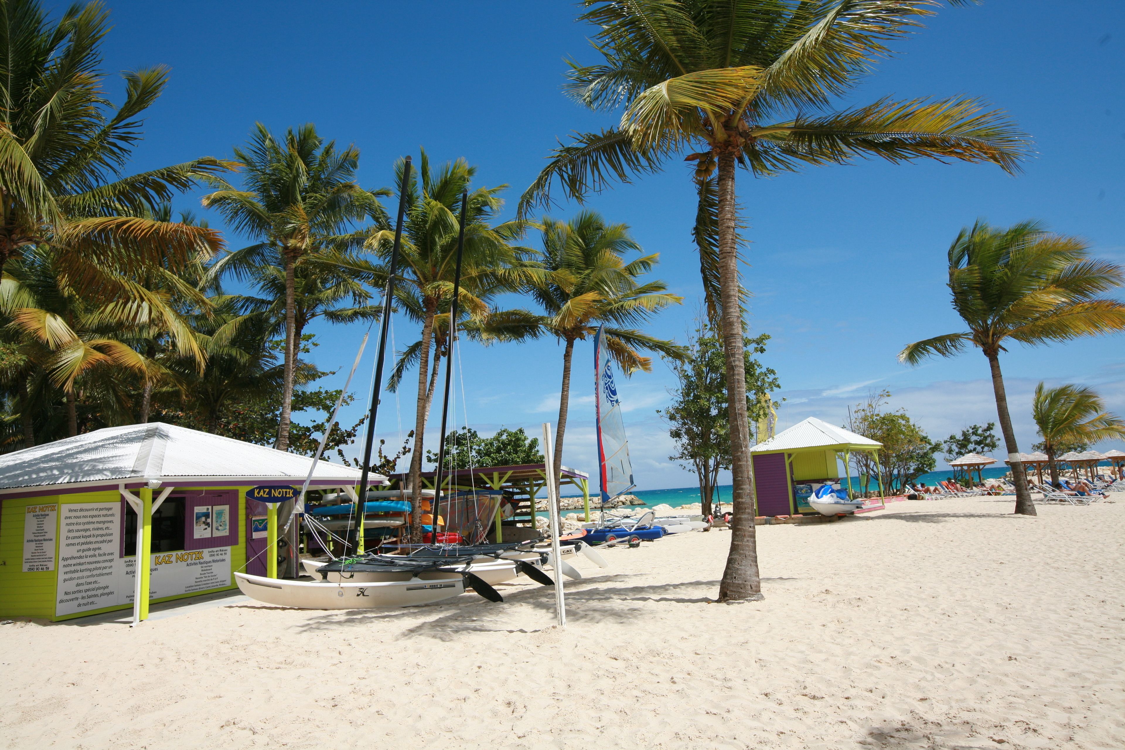 A beach with palm trees, a small kiosk, and a boat.