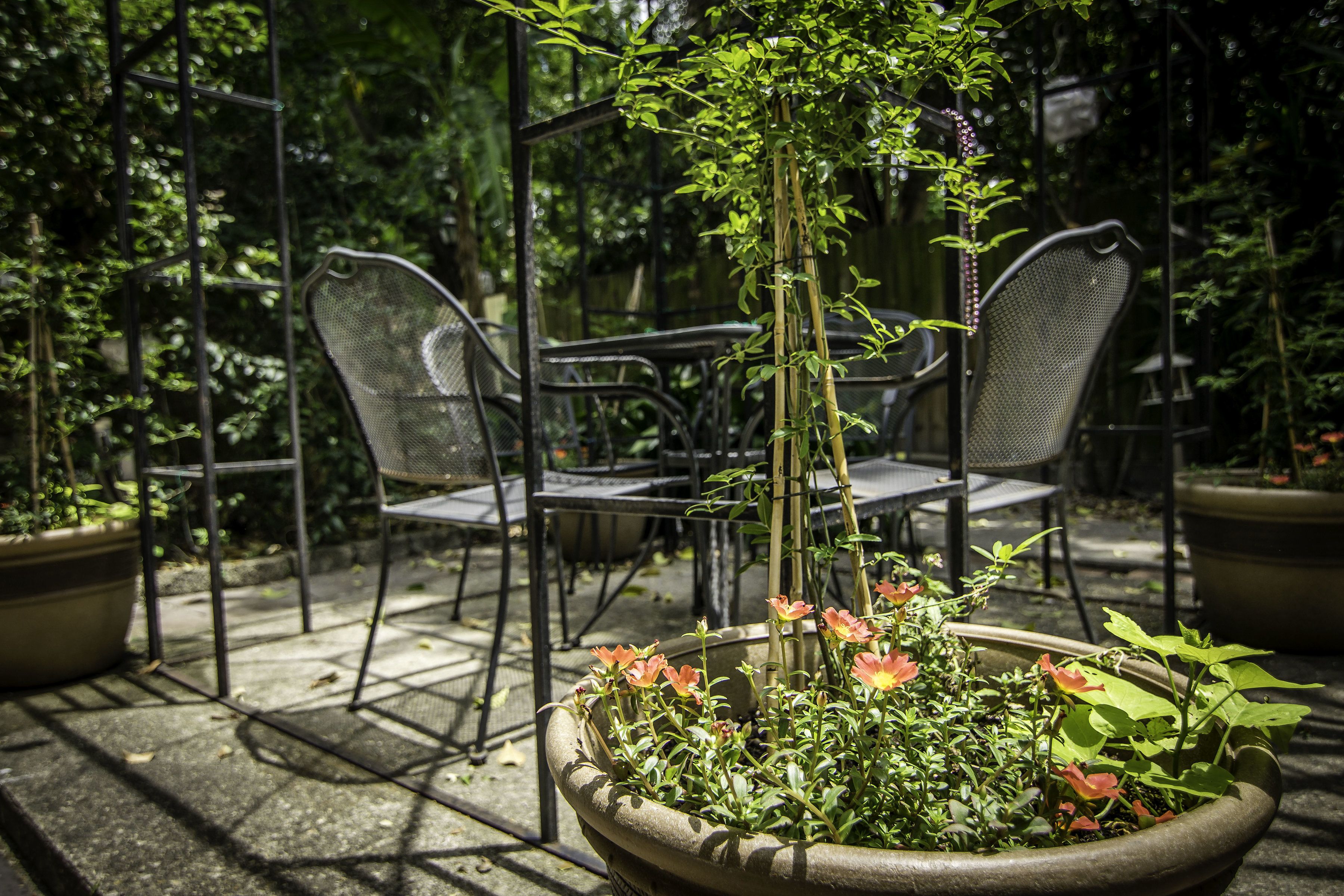 An outdoor patio area with metal chairs and tables, surrounded by potted plants and a large planter with flowers.