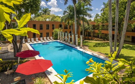 A swimming pool with lounge chairs and umbrellas, surrounded by palm trees and a building with arched windows.