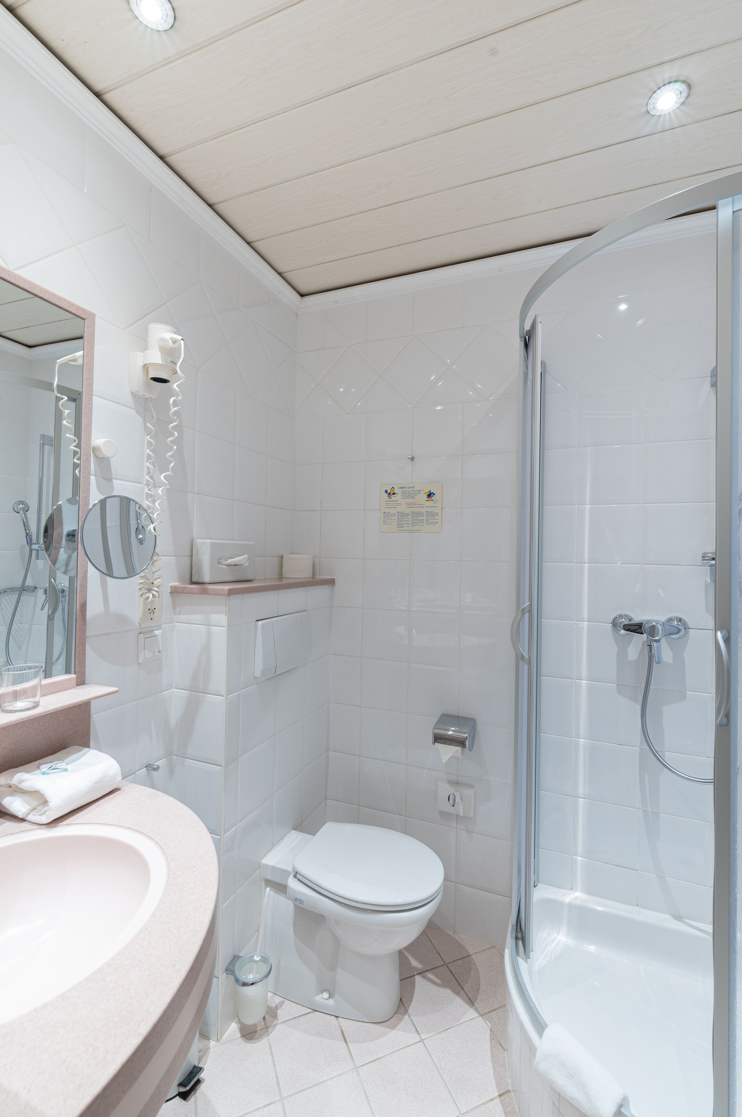 A modern bathroom with a glass-enclosed shower, a white toilet, and a sink with a mirror.