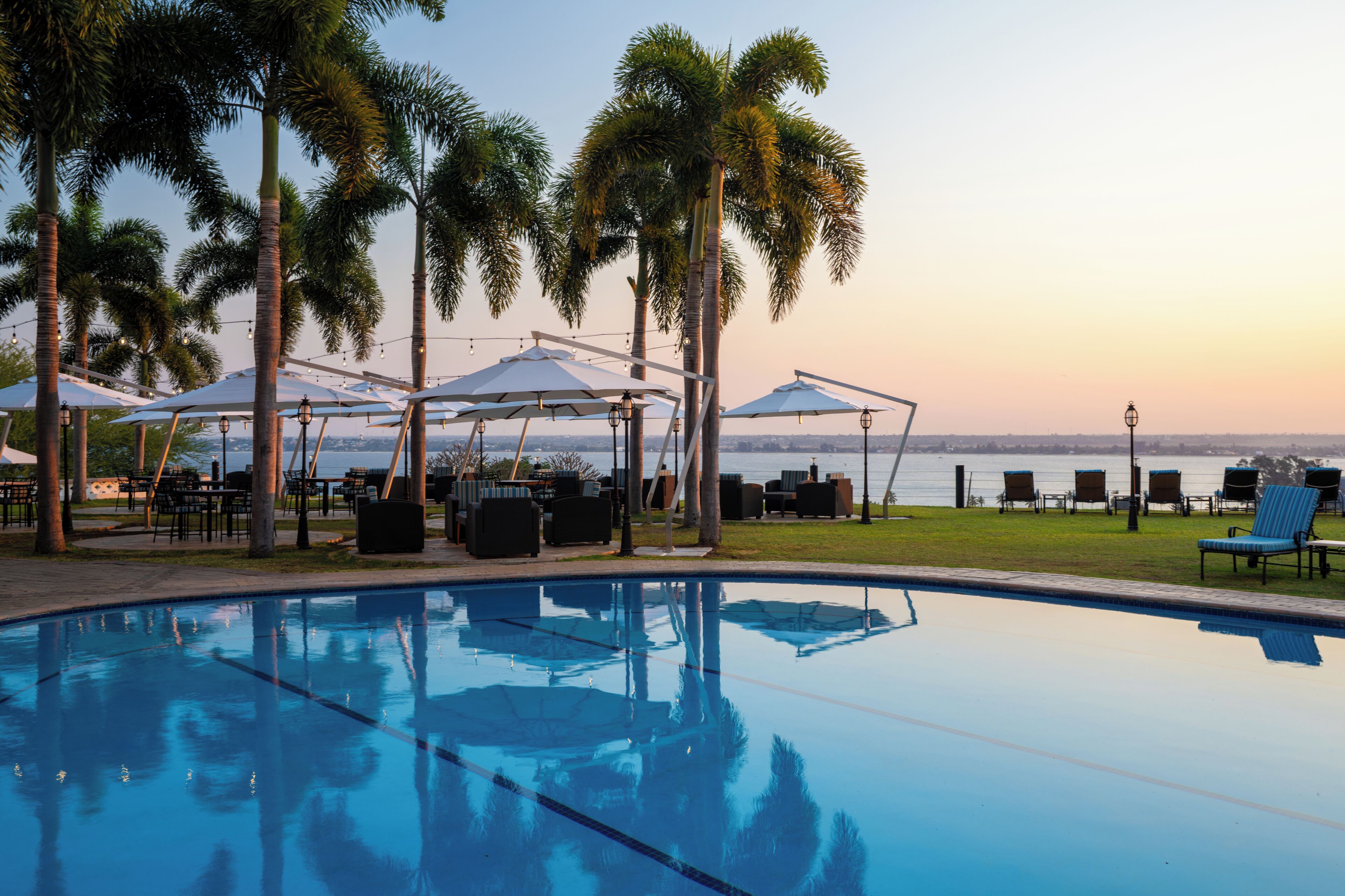 Outdoor pool, pool umbrellas, sun loungers