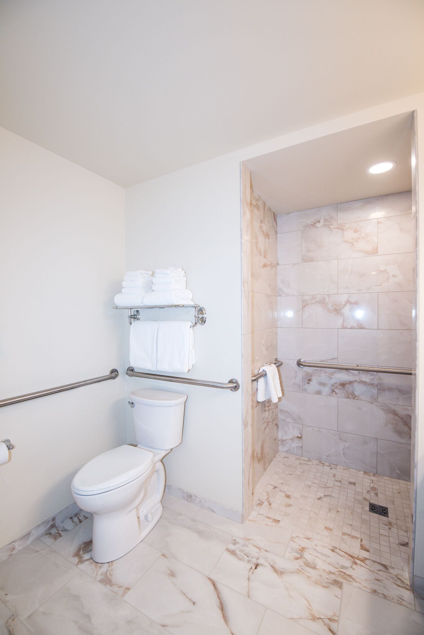 A bathroom with a toilet, a towel rack, and a shower area with a glass door.